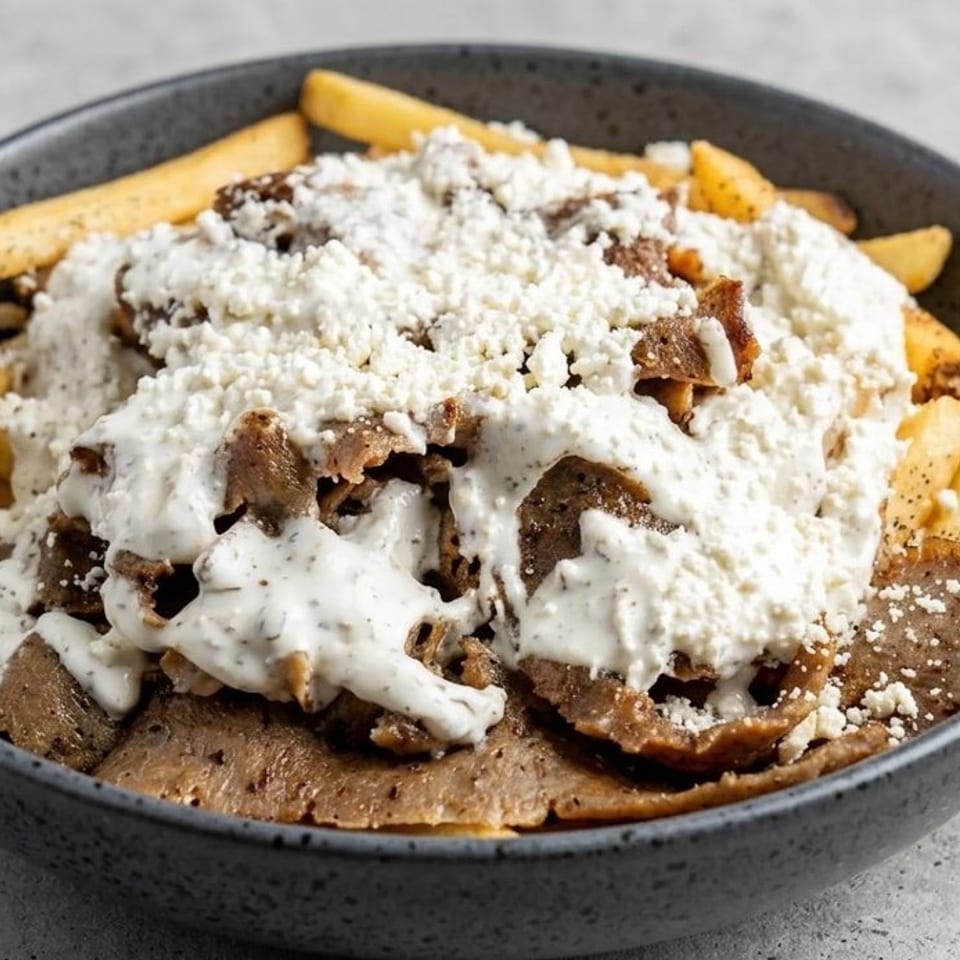 A dark bowl filled with golden french fries, gyro meat, creamy white sauce, and crumbled feta cheese.