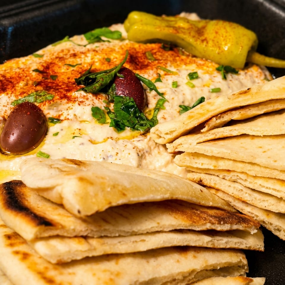 Creamy hummus topped with paprika, olives, and parsley, served with warm pita bread.