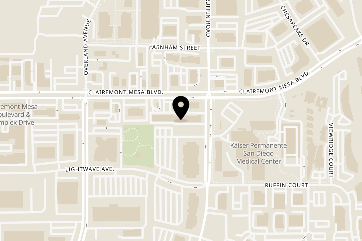 Map showing the location of Taverna Mediterranean Grill San Diego on 9353 Clairemont Mesa Blvd in San Diego