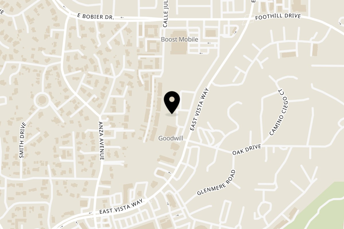 Map showing the location of Taverna Mediterranean Grill on 1072 E Vista Way in Vista